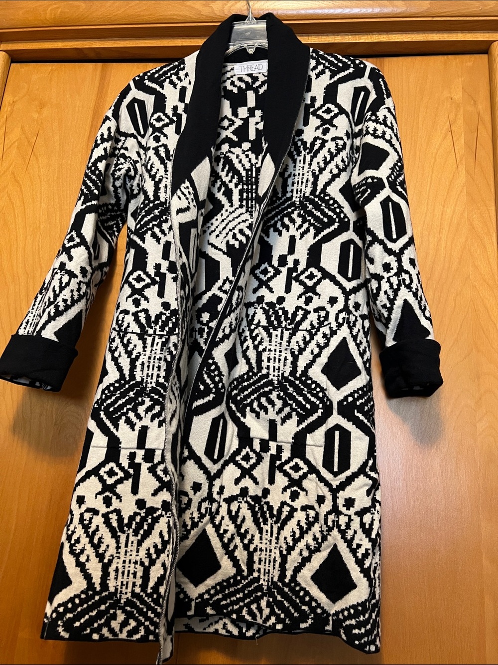 Black & White Western Geometric Open-Front Long Cardigan  by Thread Size Small